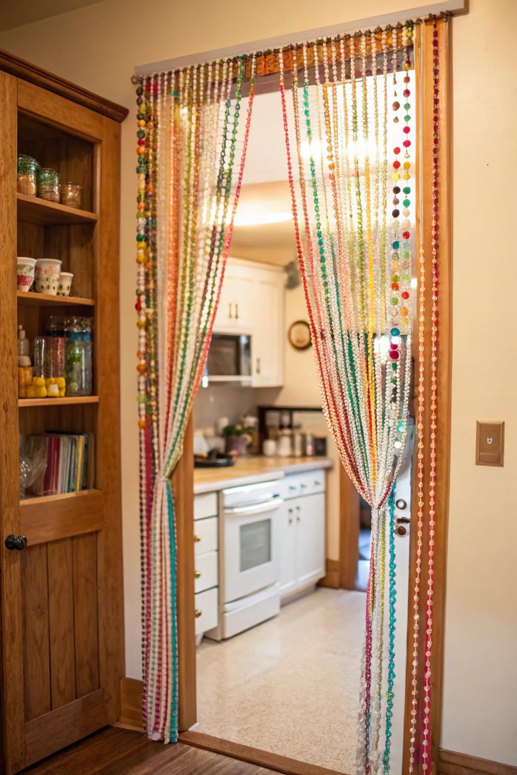 Beaded hangings add a nostalgic, playful charm to doorways.