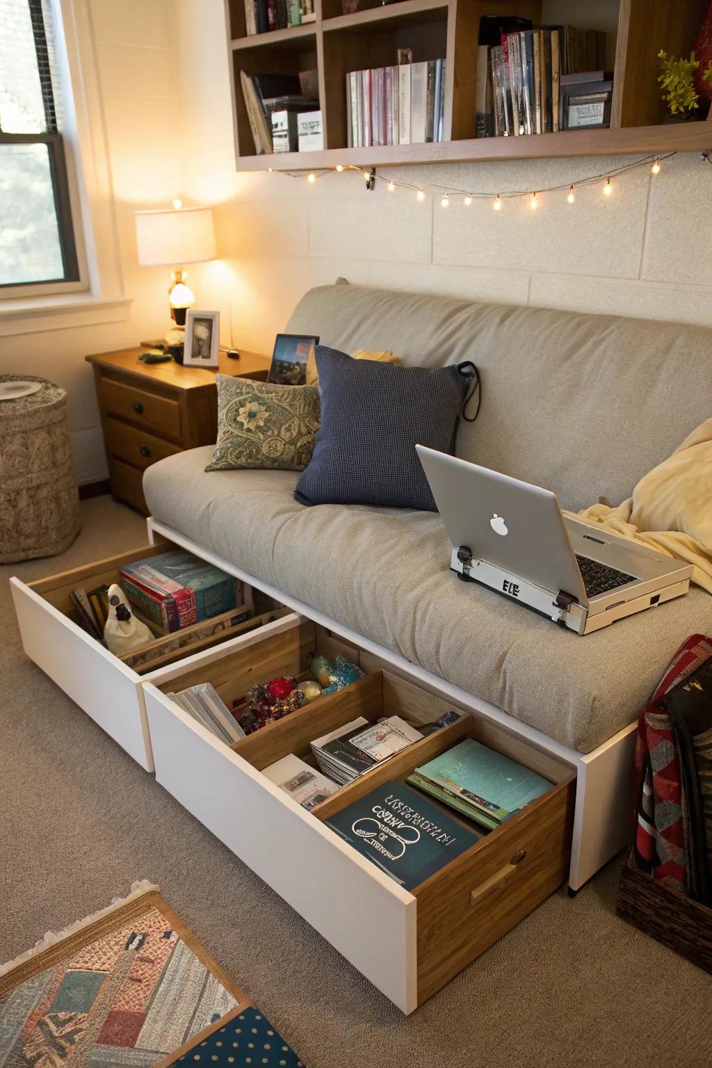 Hidden storage compartments in this couch keep the dorm room organized.