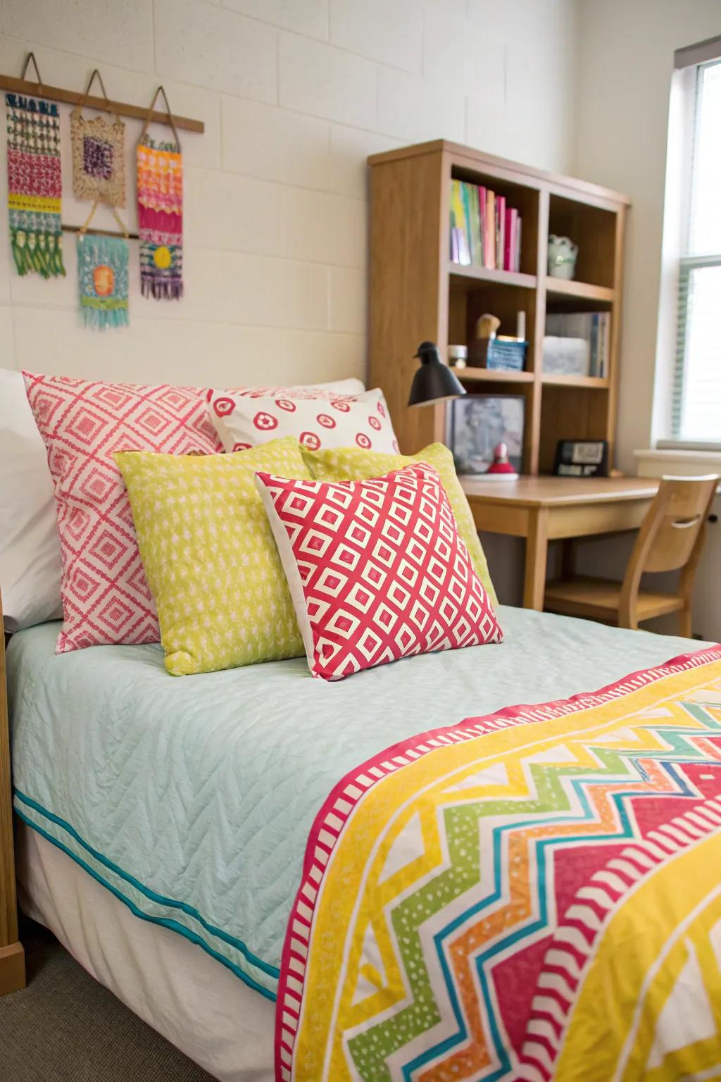 Decorative cushions introduce a personal and vibrant touch.