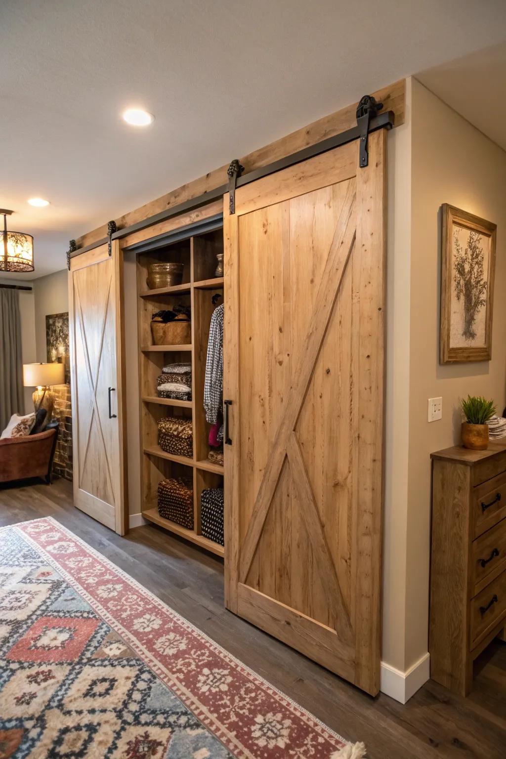 Sliding doors introduce a touch of countryside chic to a double closet.