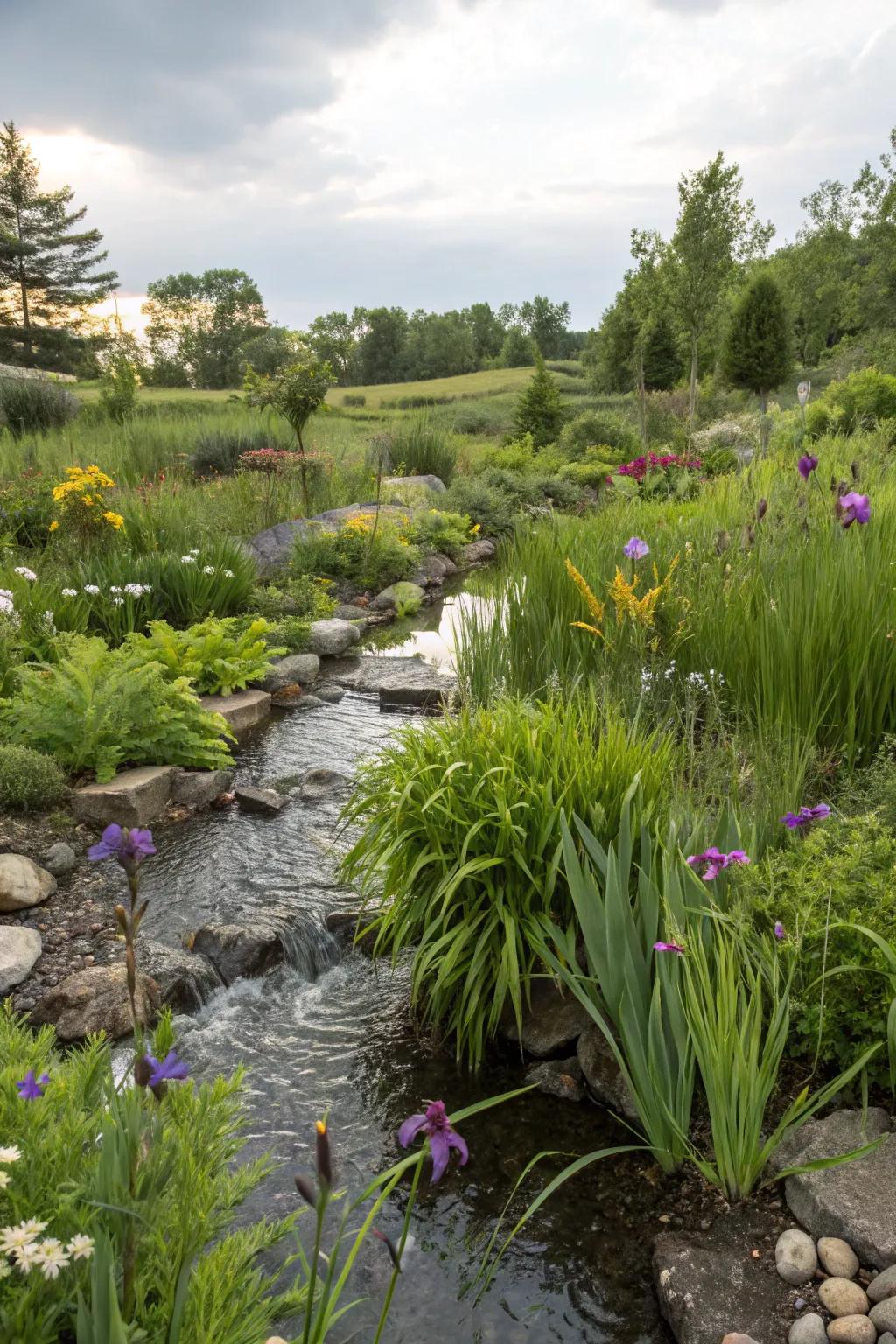 A rain garden within a channel enhances charm and biodiversity.