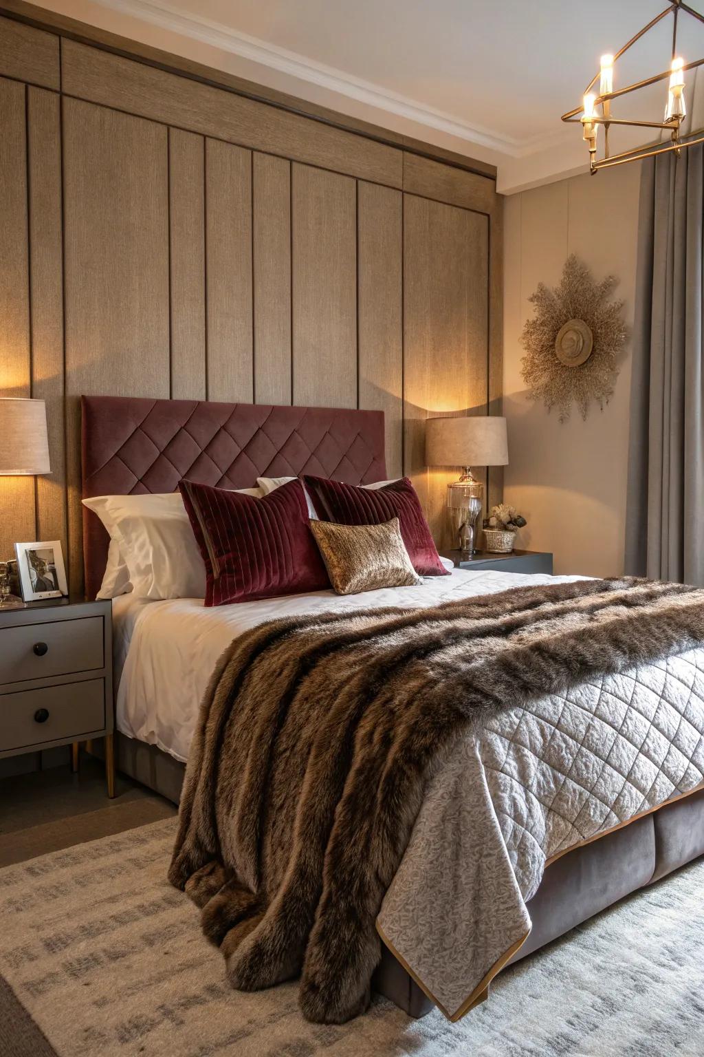 Layered textures enrich the bedroom with depth and interest.