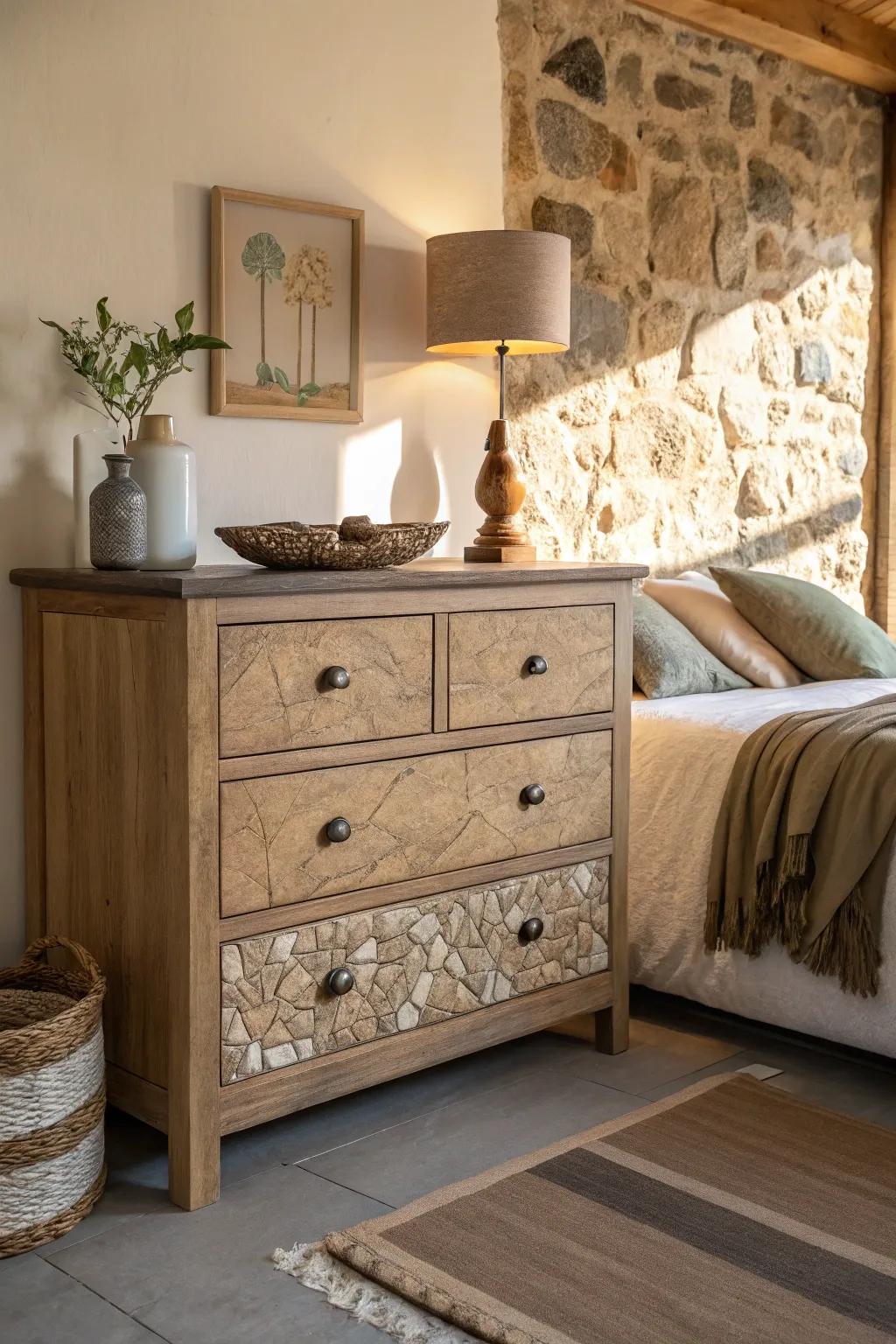 Natural textures impart warmth and earthiness to the dresser arrangement.