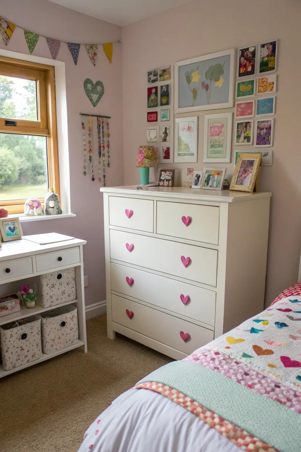 A DIY-updated dresser showcasing unique flair in a small bedroom.
