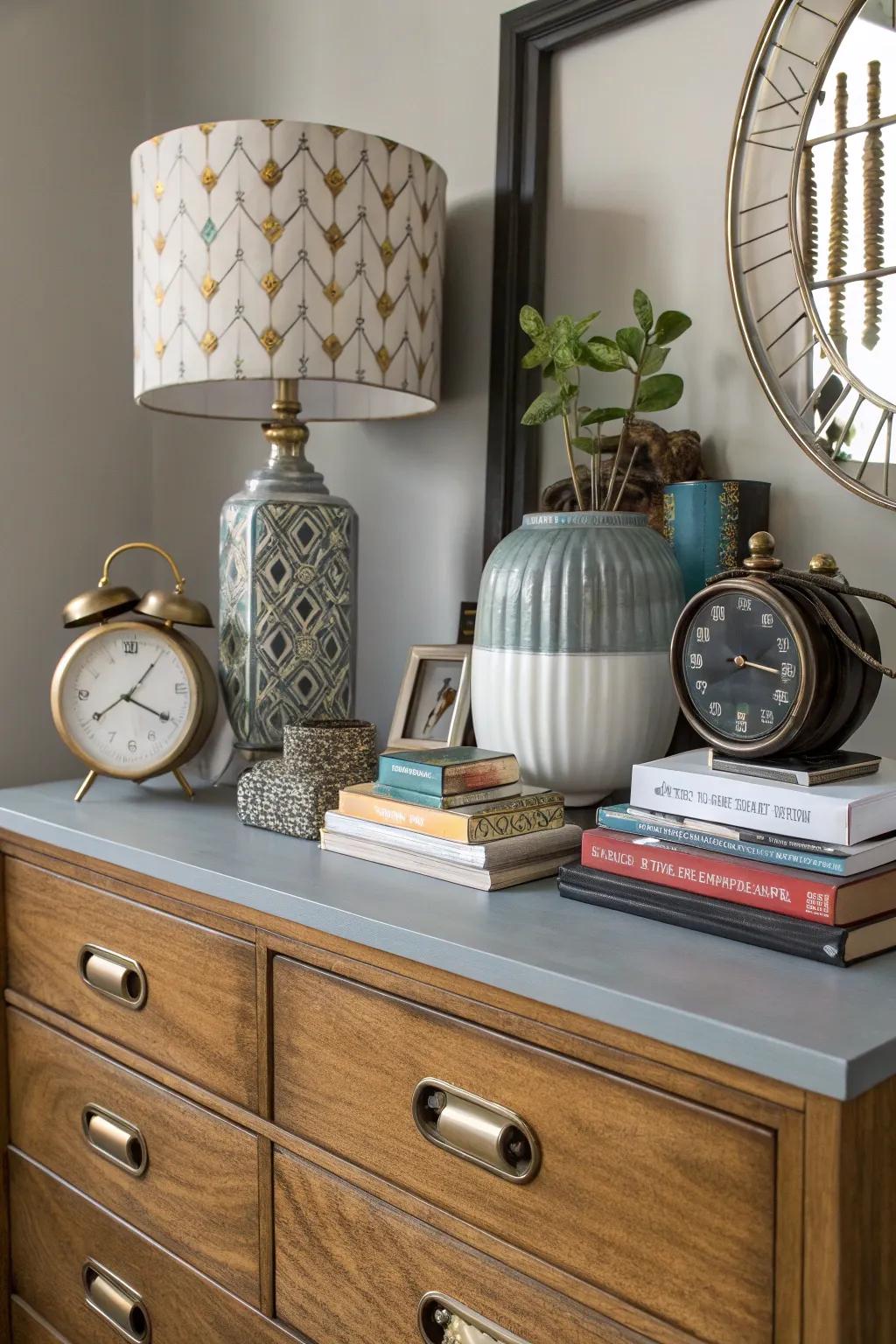 An eclectic fusion bestows unparalleled charm upon your dresser.