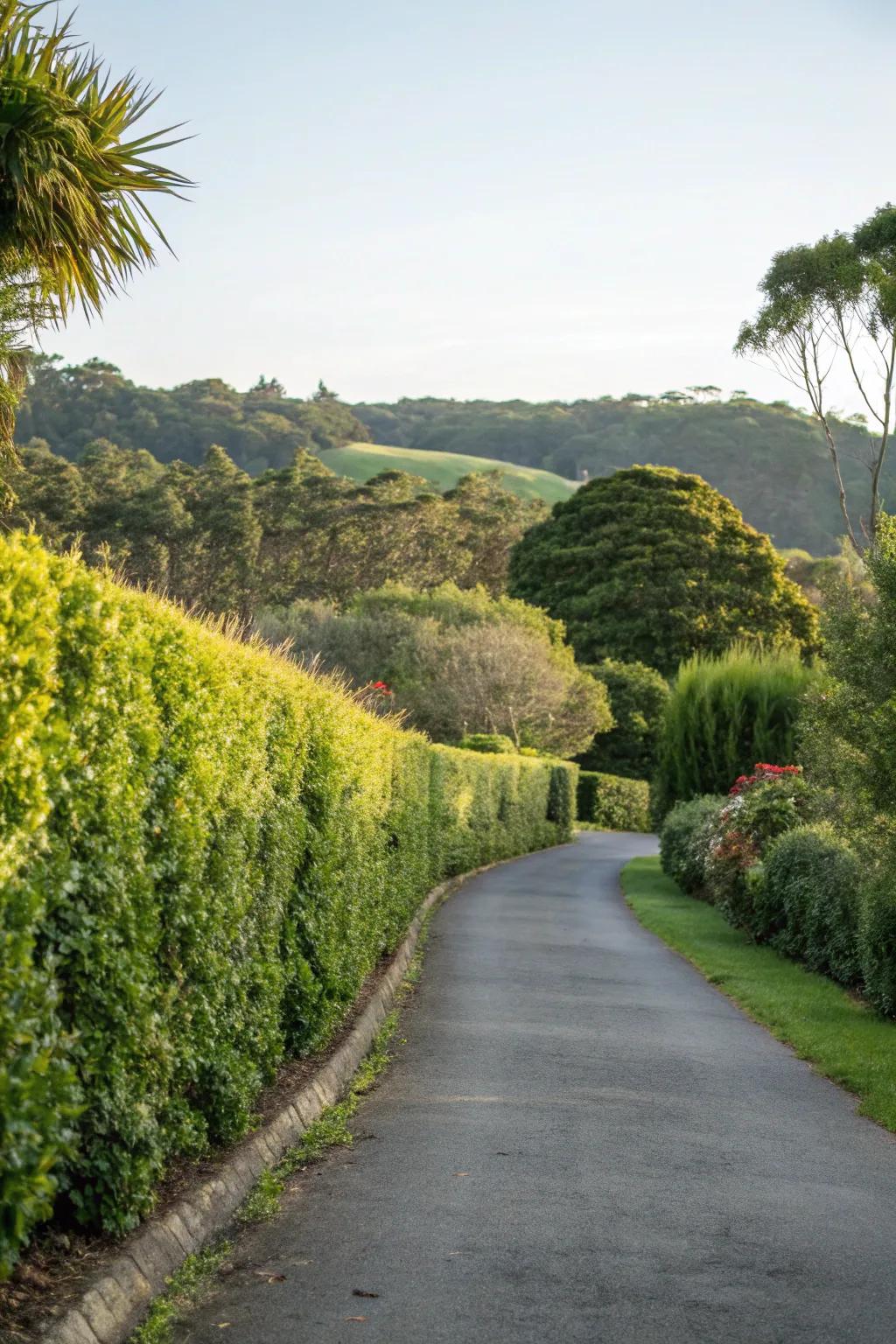 Native plant hedges providing a natural look alongside a driveway.