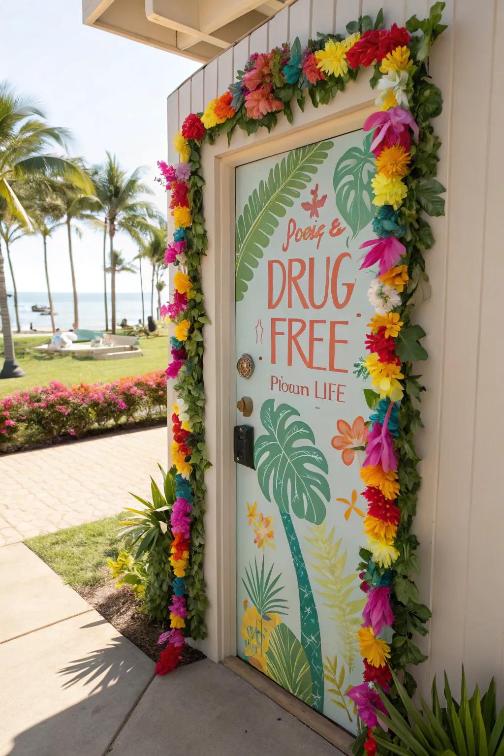 A tropical-inspired doorway adornment by an abstinence message.