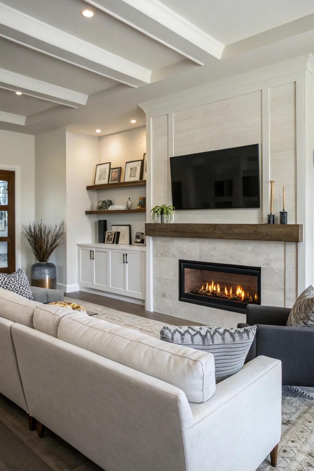 A sheetrock fireplace with integrated TV for a modern entertainment hub.