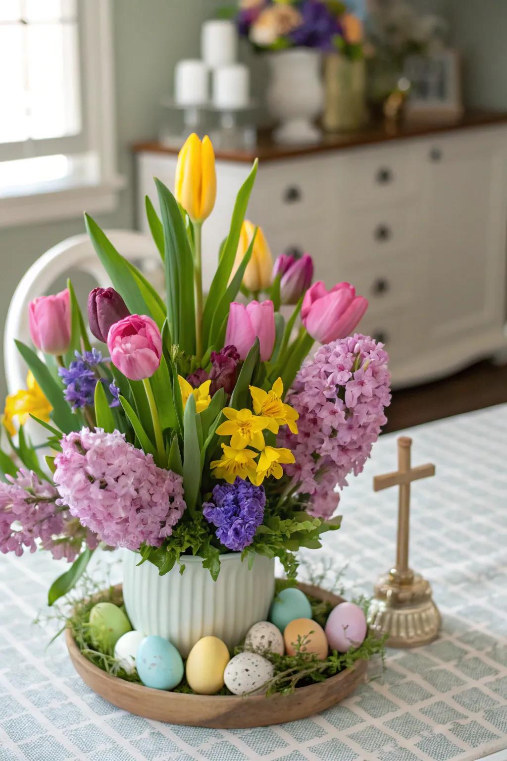A vibrant floral showpiece that encapsulates the essence of springtime.