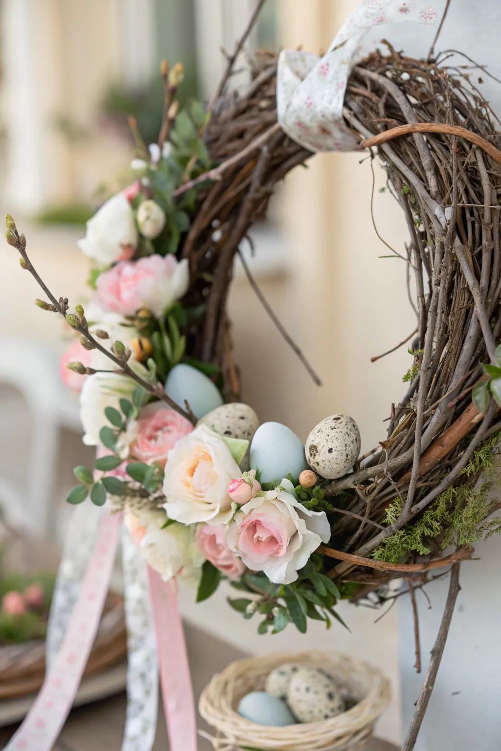 A rustic wreath made of twigs and pastel flowers serves as a stunning Easter backdrop centerpiece.