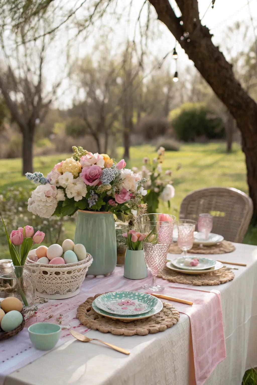 An open-air Easter arrangement welcomes the vitality of spring.