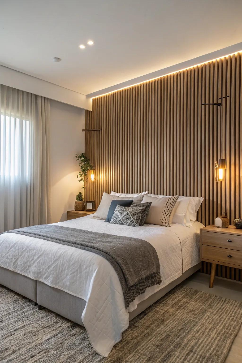 Upright slats provide a sleek and contemporary aesthetic.