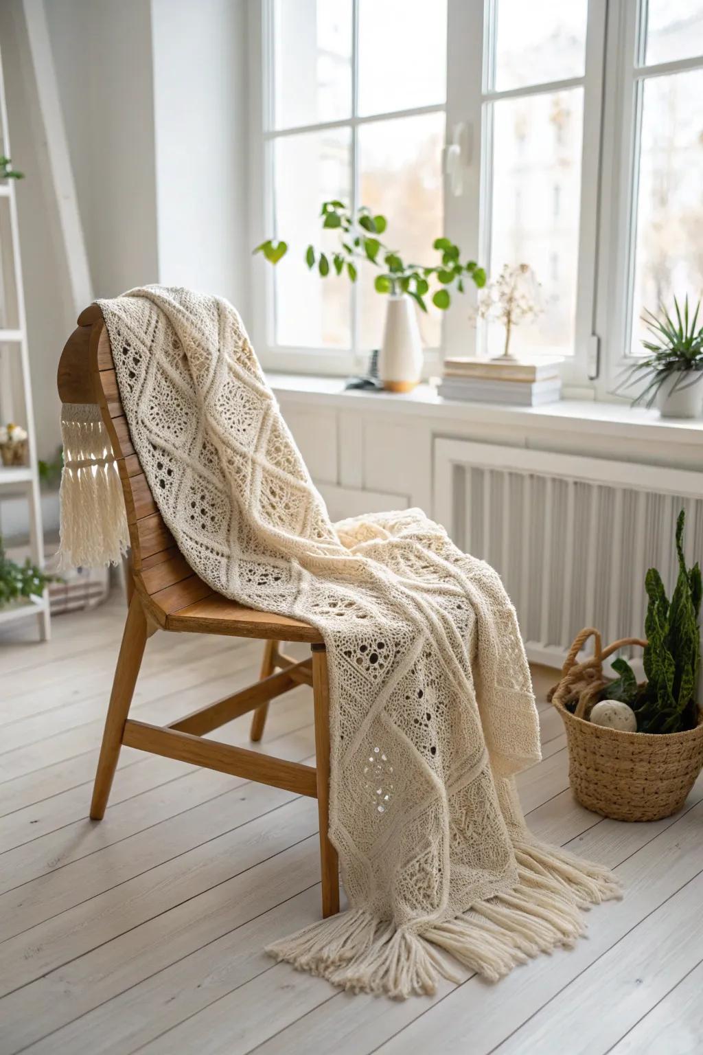 Envelop yourself in the warmth and simplicity of a handcrafted crochet wrap, suited for cozy evenings.