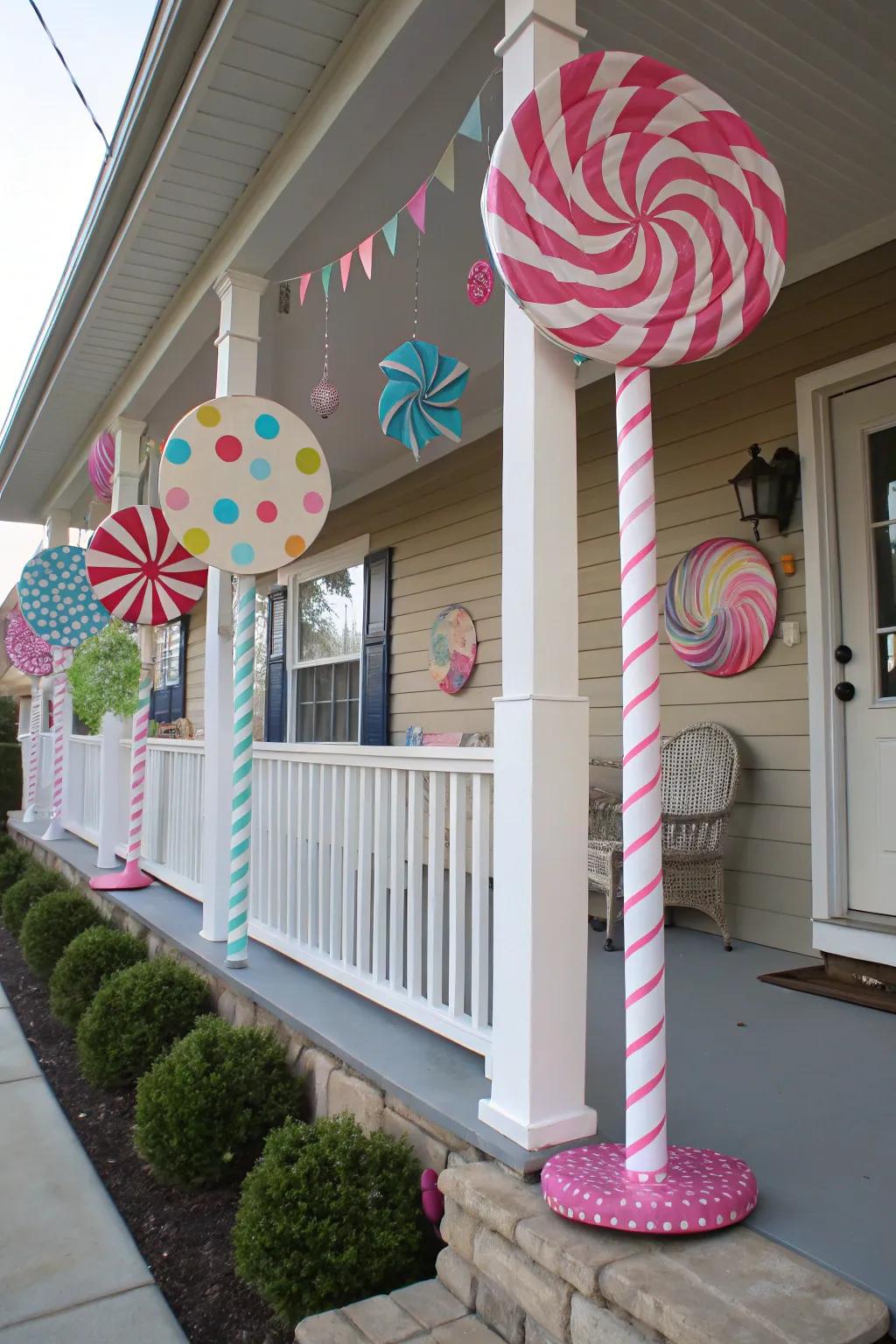 Oversized confections impart spirited whimsy to the portico.