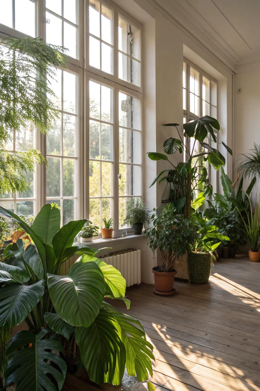 A bright room full of sunlight and rich greenery.