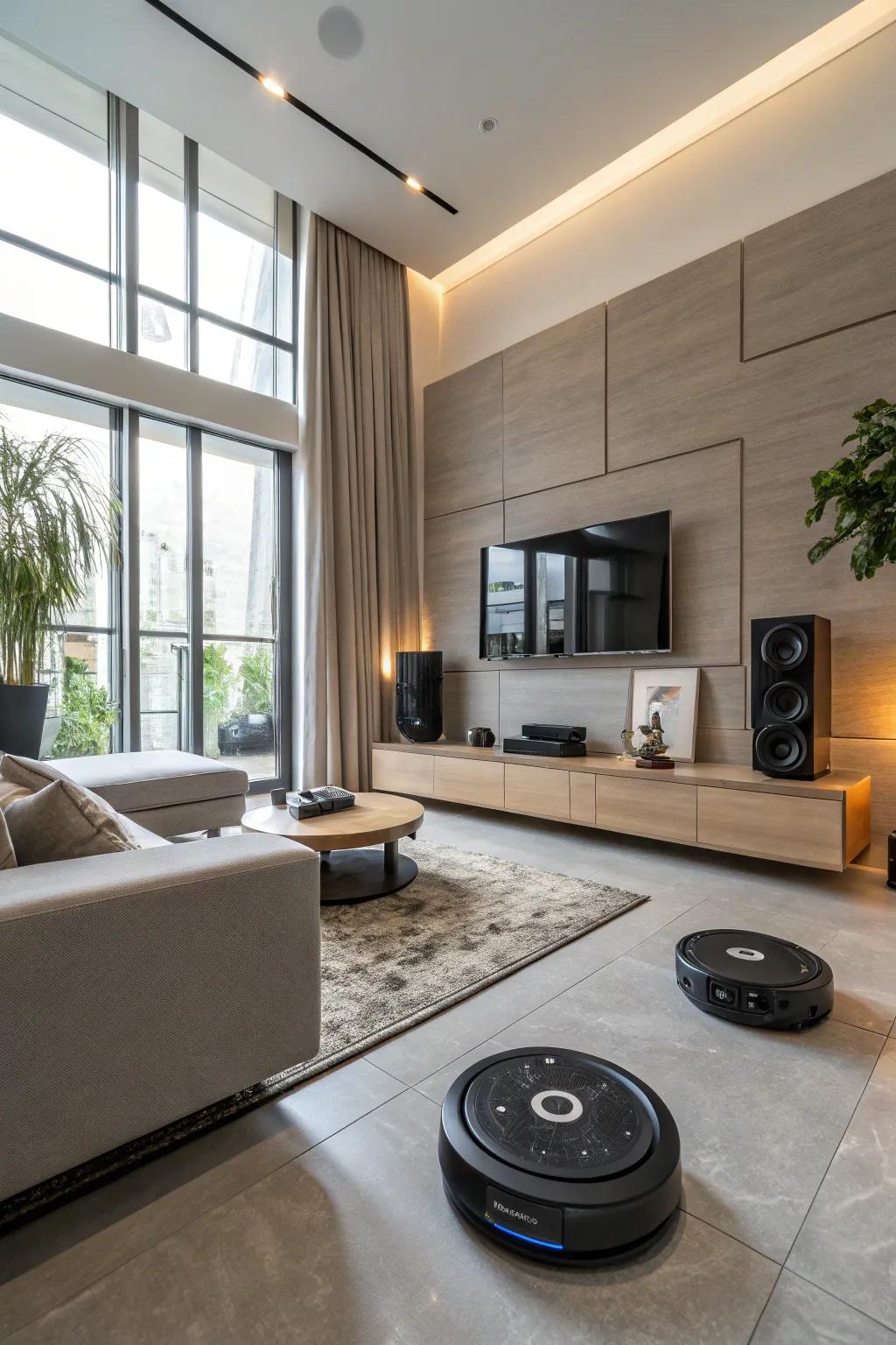A cutting-edge living space fitted with smart home technology, designed to maximize energy conservation.