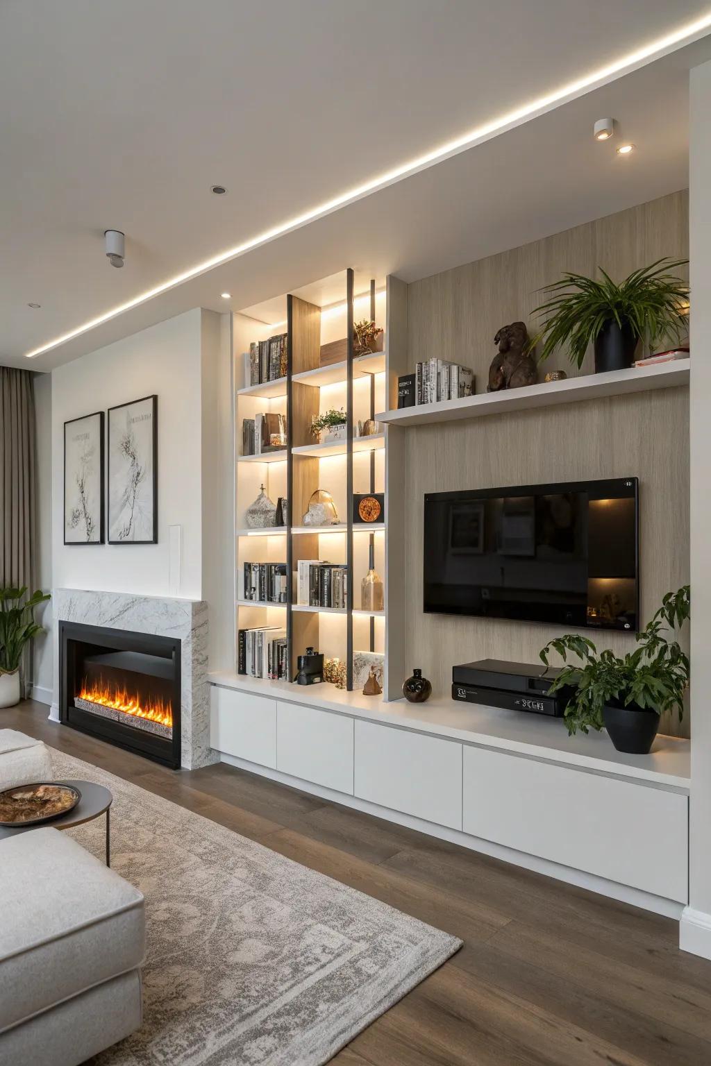 Fashionable shelving that enhances the fireplace's design.