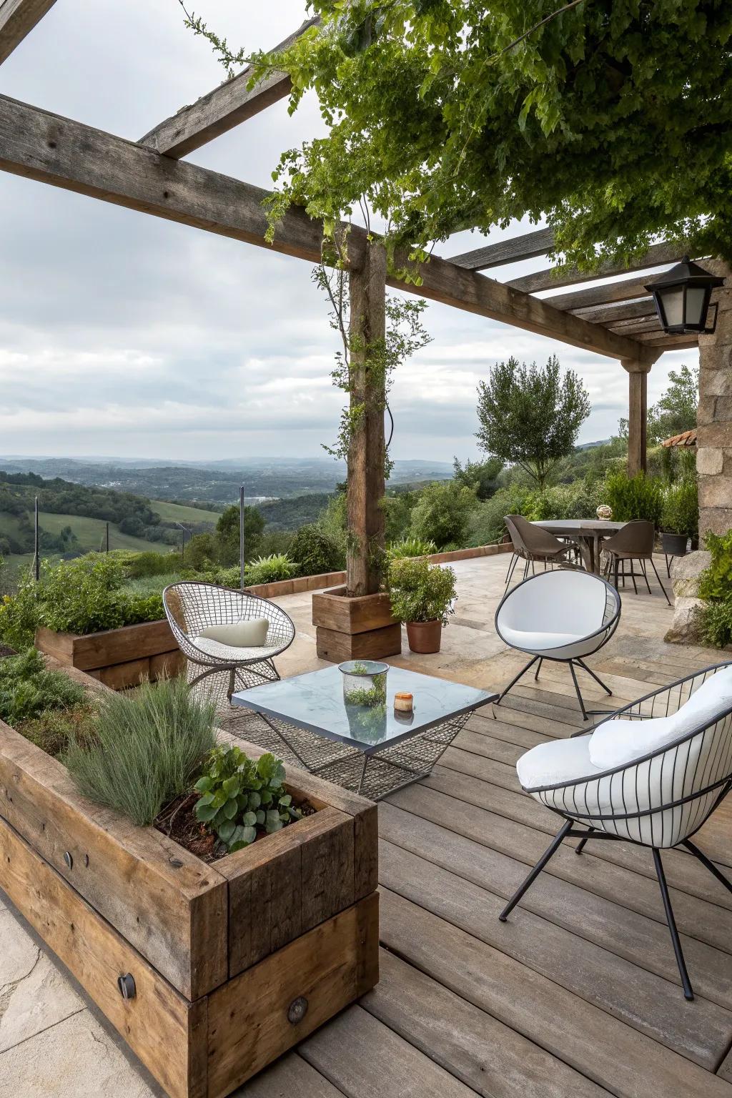 Mixing modern and rustic styles fashions a distinctive patio appearance.