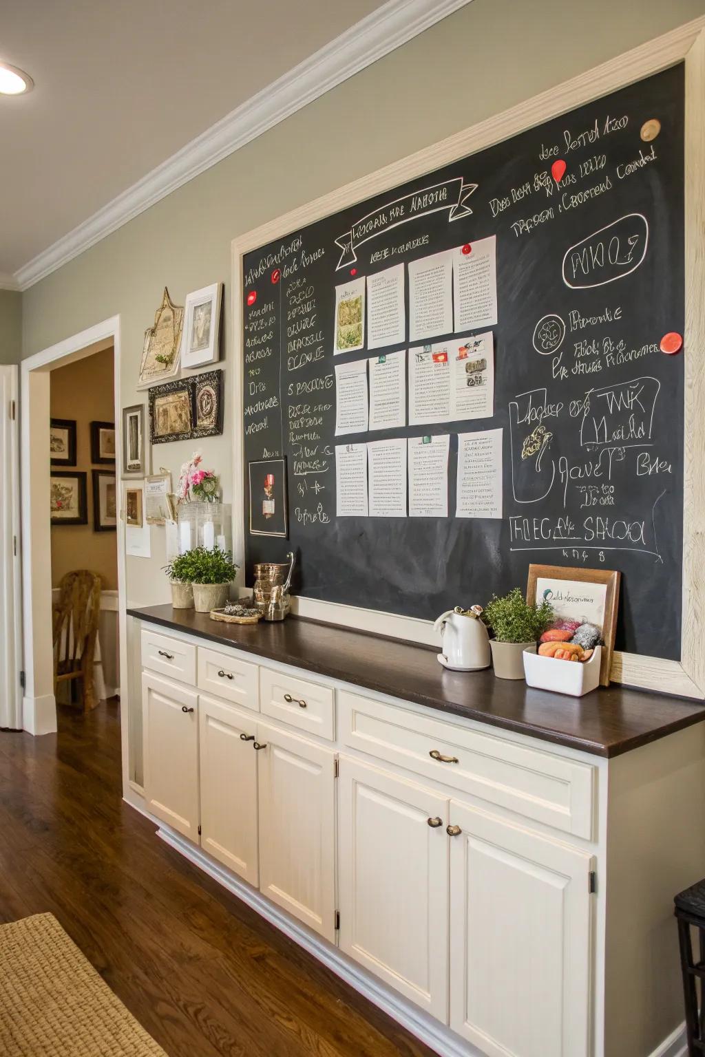 A writing slate lends a tailored and interactive aspect to a cooking space.