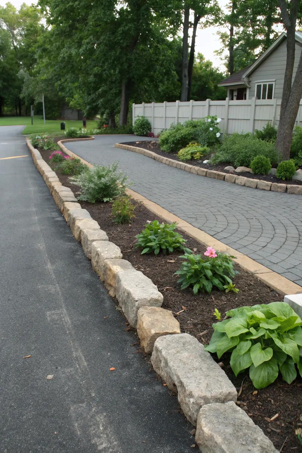 Stone trim keeps planting spaces neat and defined.