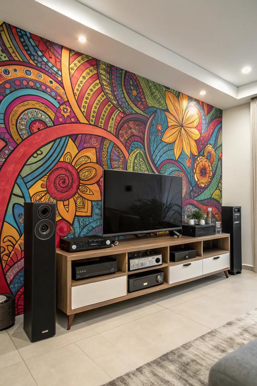 A large art piece serves as a dramatic background for this entertainment space.