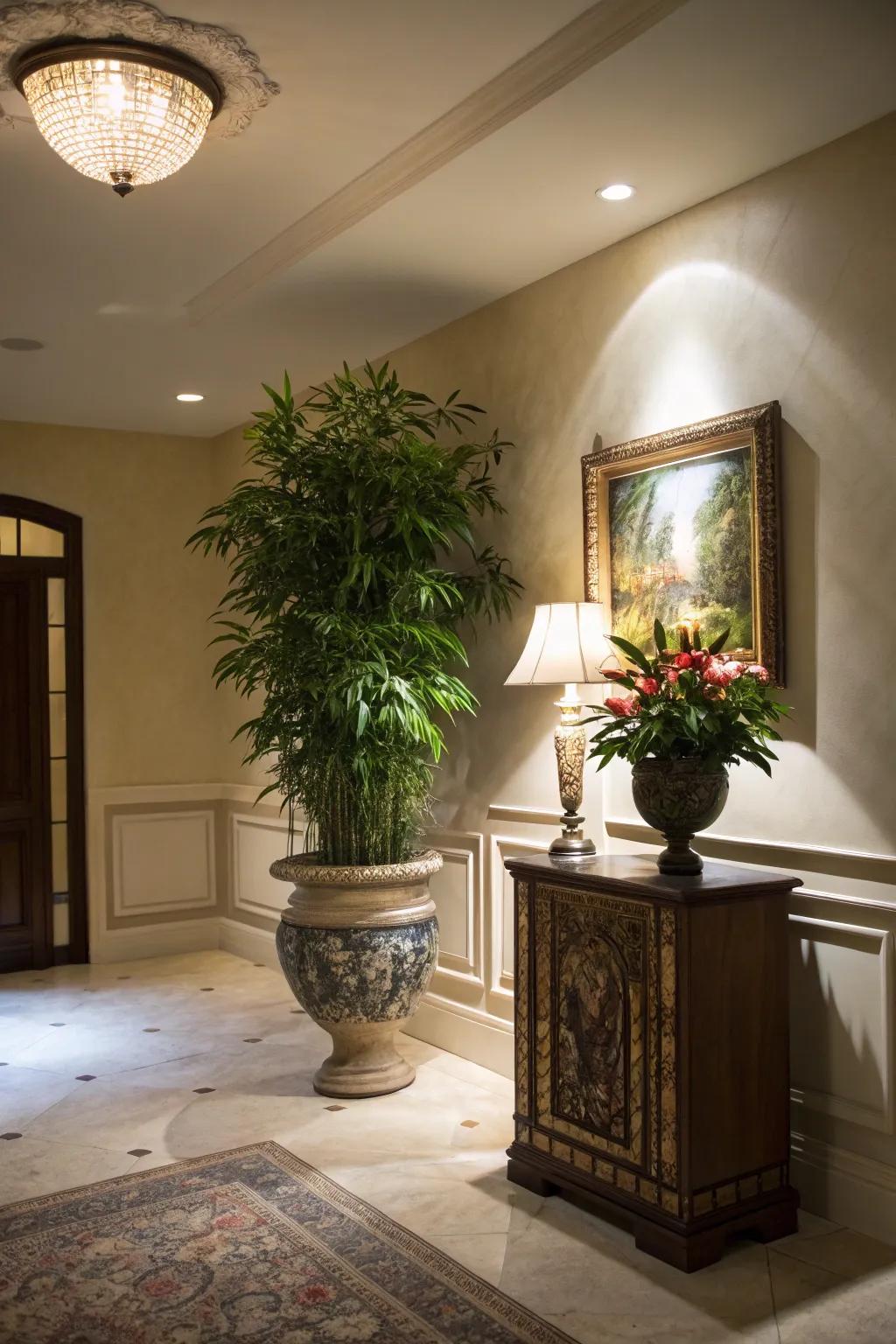 Spotlight draws attention to decor in this stylish foyer.