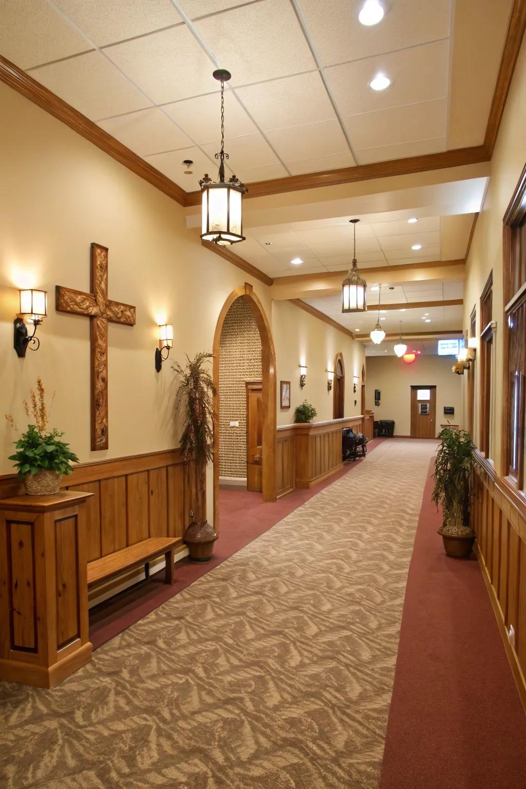 A neutral and warm color palette creates a calming atmosphere in the church foyer.