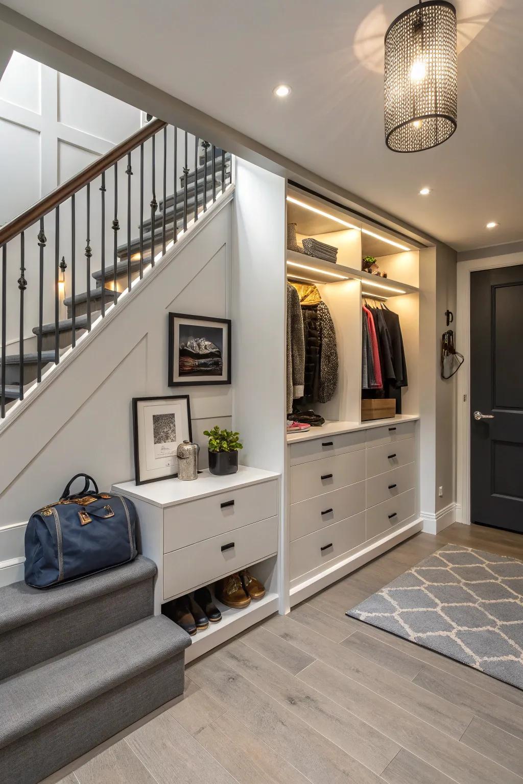 Creative use of space can be achieved with closets that are located under stairs.