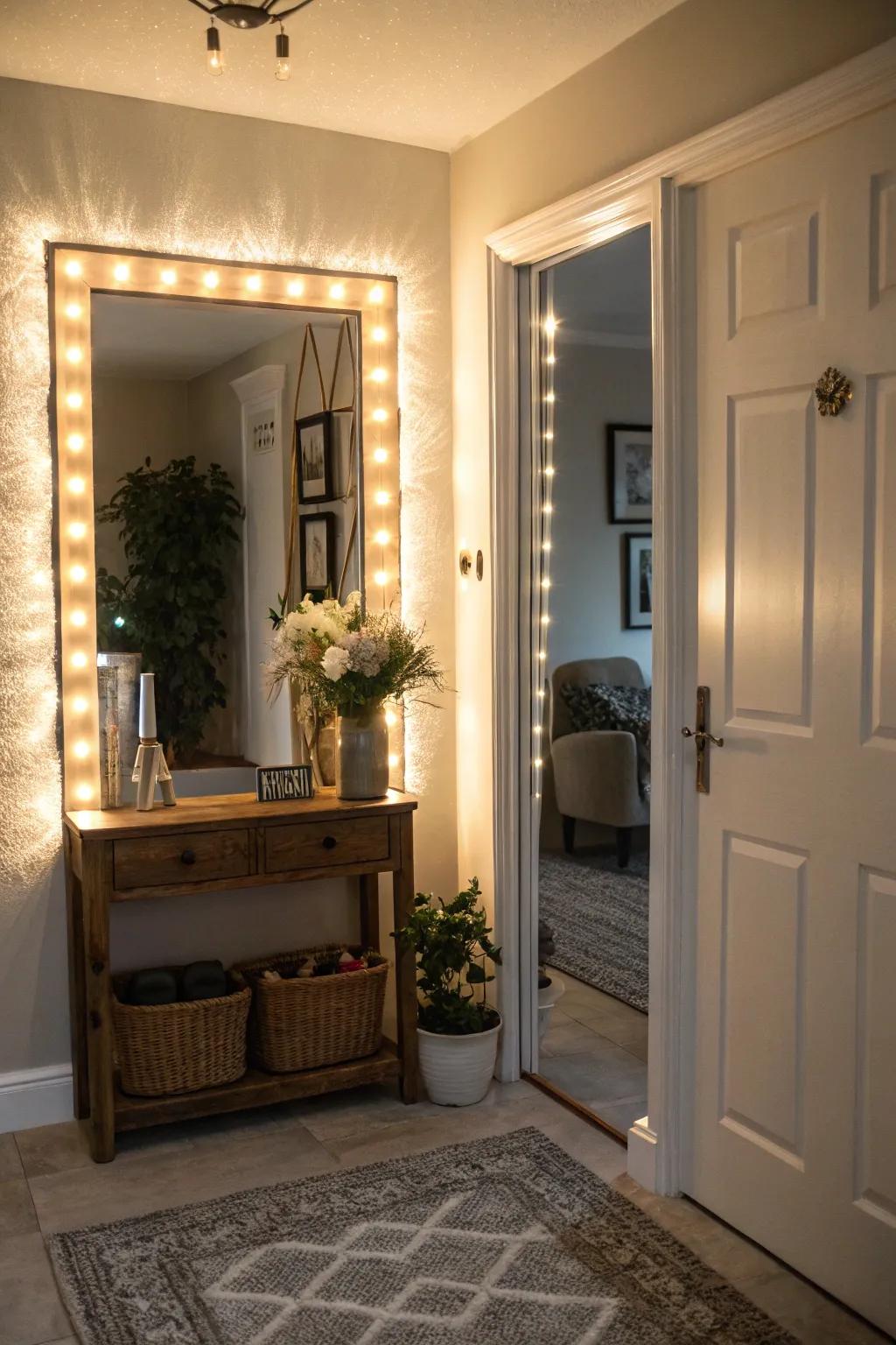 A backlit mirror lends a gentle and inviting illumination in the entryway.