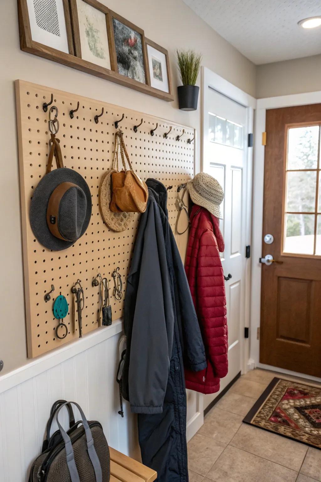 A pegboard delivers adaptable storage answers within this mudroom.