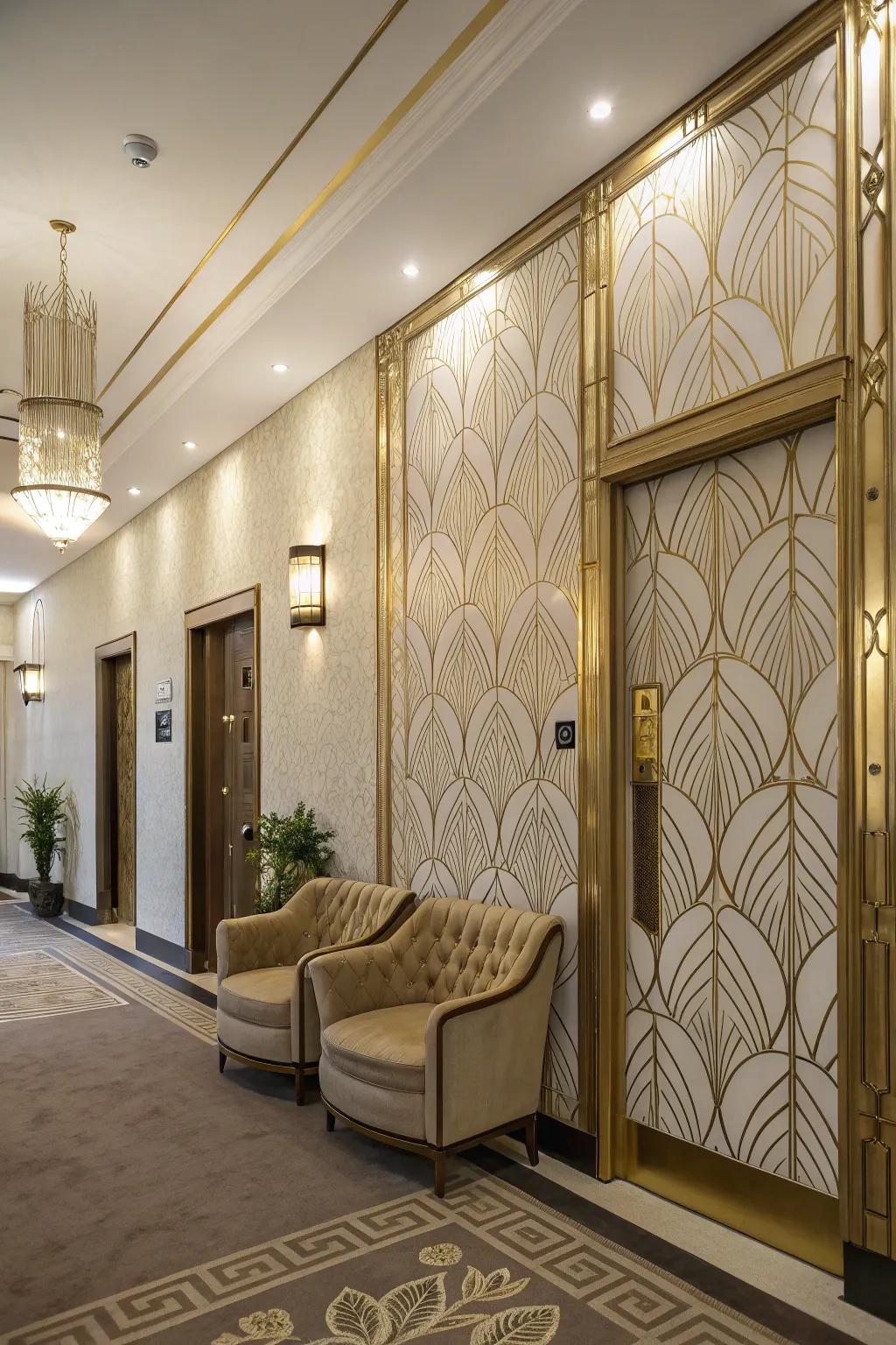 A glamorous entryway showcases Art Deco wallpaper, radiating dramatic flair.