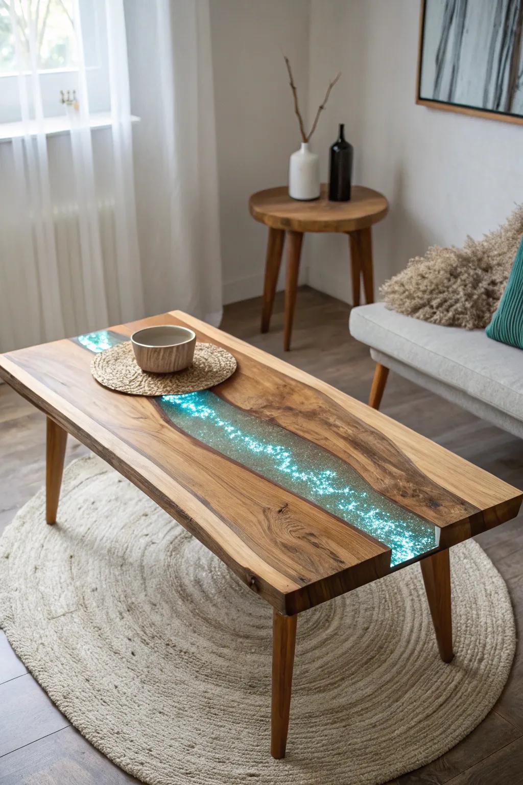 Illuminate your evenings through the captivating radiance emitted by this handcrafted epoxy coffee table, merging Scandinavian simplicity with a magical allure.