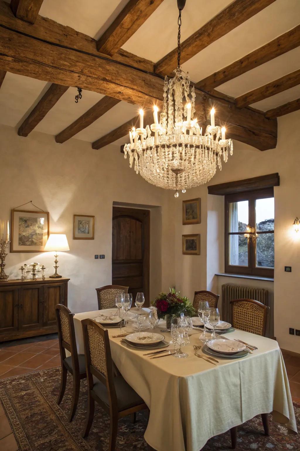 Glamorous crystal chandelier to provide a sparkling dining encounter.