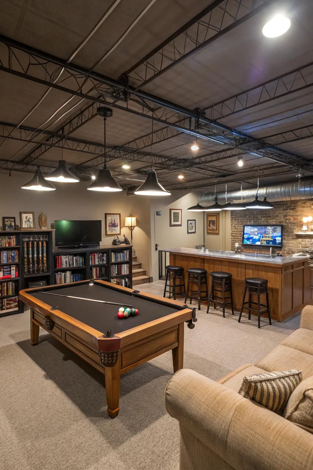 Planned furniture arrangements make functional sectors in a basement featuring a bare ceiling.