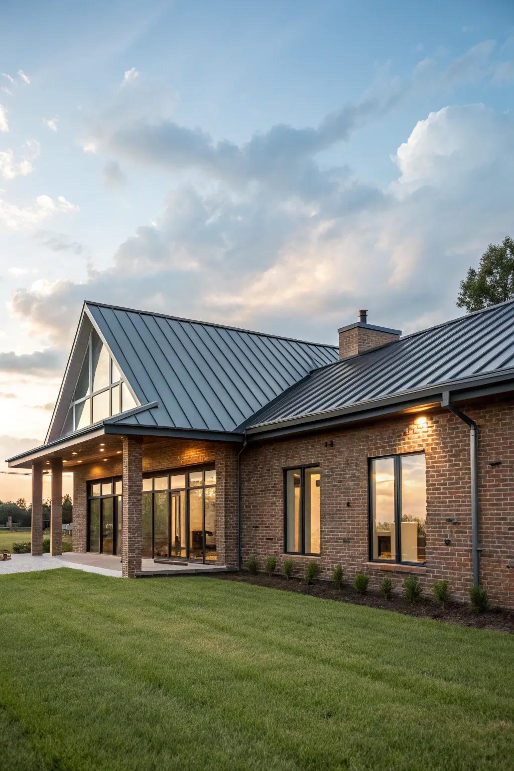 Modern rooflines can update the overall look of a brick house.