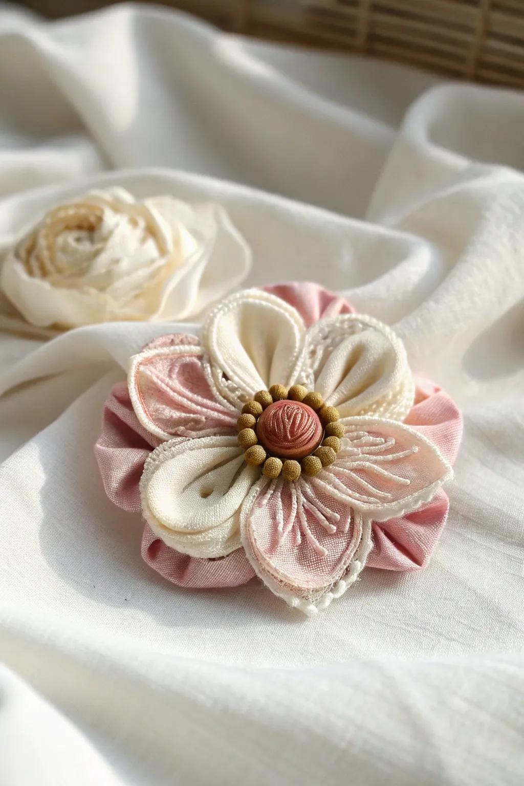 Add a touch of handcrafted elegance to your hairstyle with this textile blossom hair adornment. Perfect for any occasion!