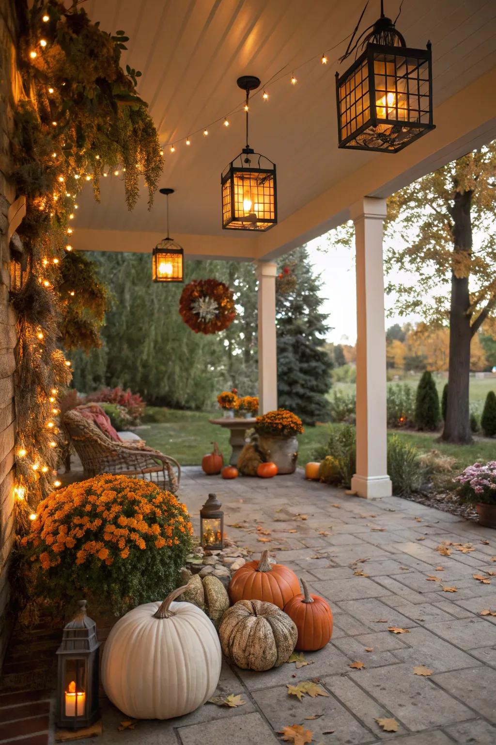 Lamps deliver ambient lighting for a cozy fall patio setting.