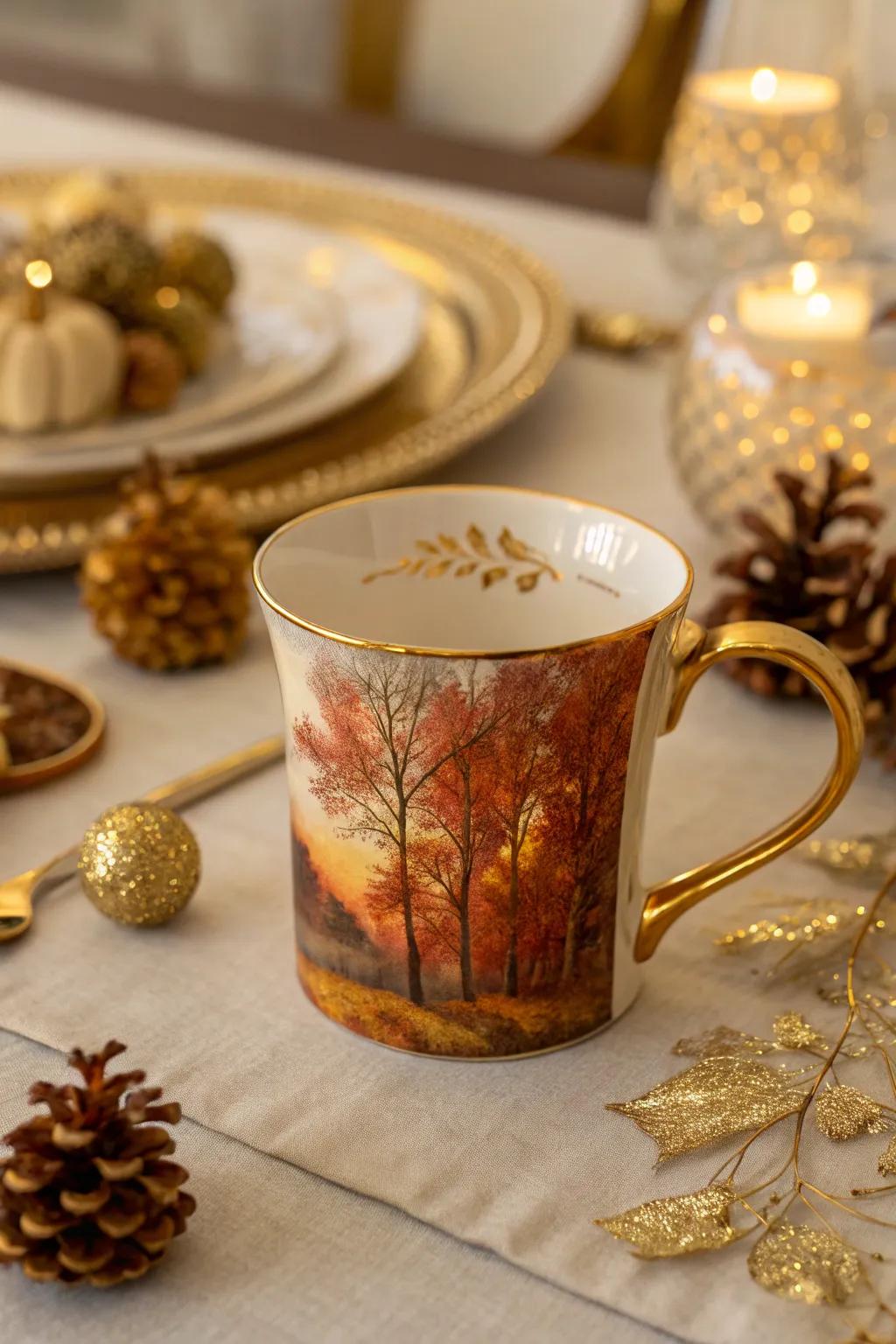 An elegant cup with gilded autumn accents.