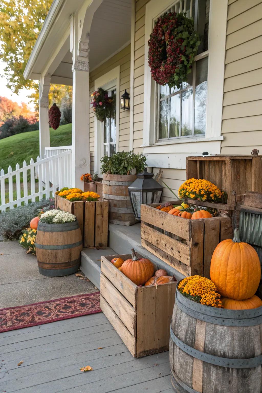 Wooden elements provide a rustic touch, perfect for showcasing fall decor.