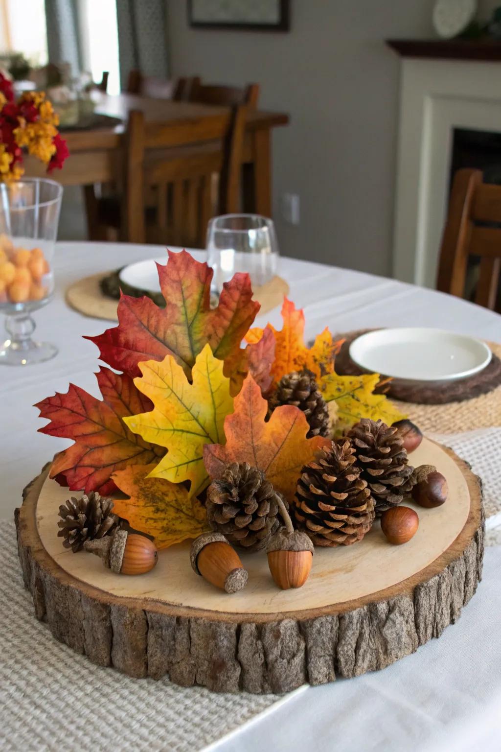 Timber segments contribute a countryside touch to your fall décor.