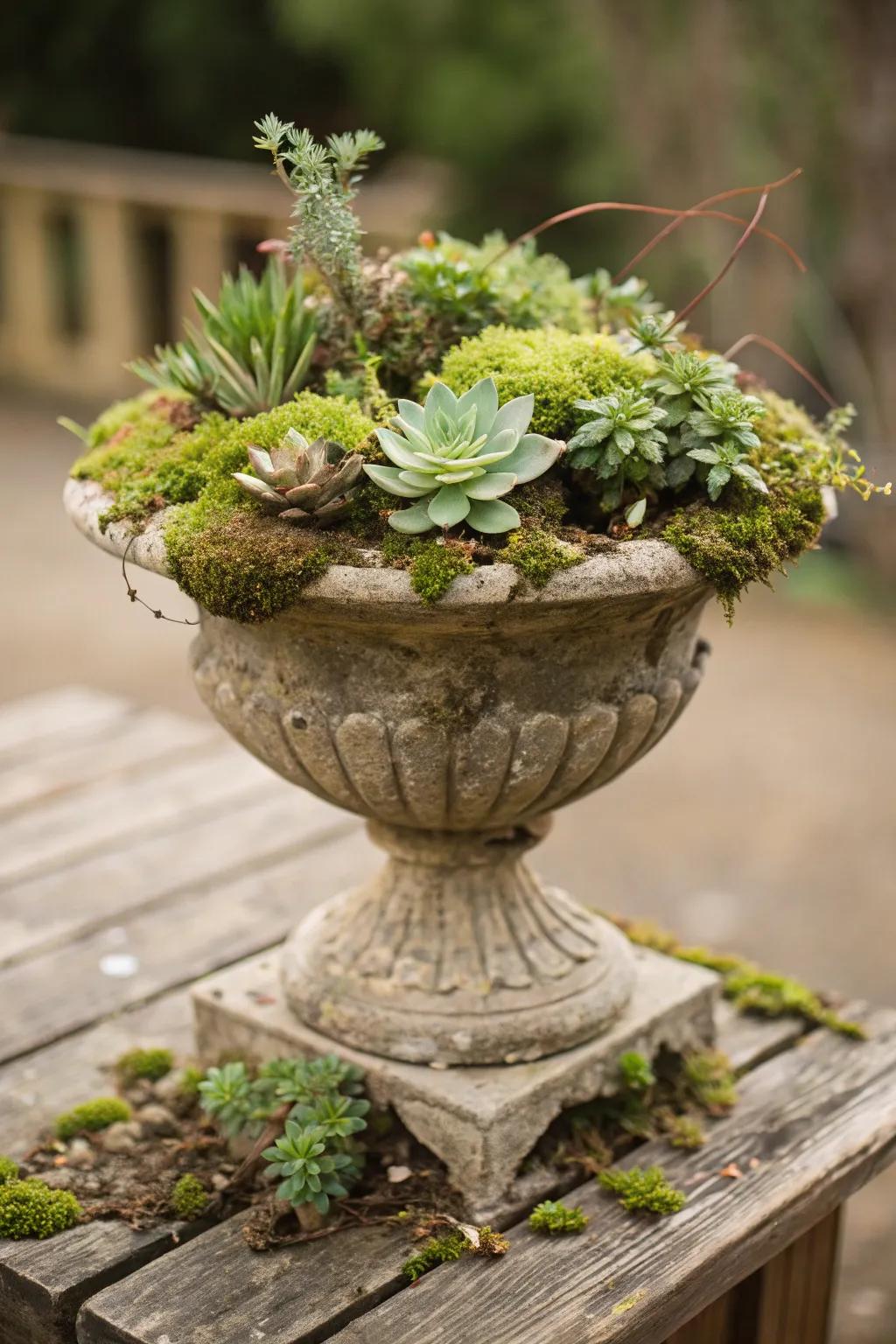 Unusual mix of plants and moss within an autumnal pot.
