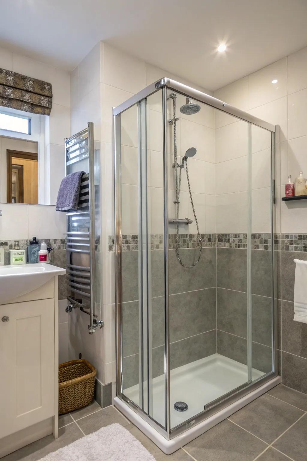 An adjustable showering spray caters to all family members.