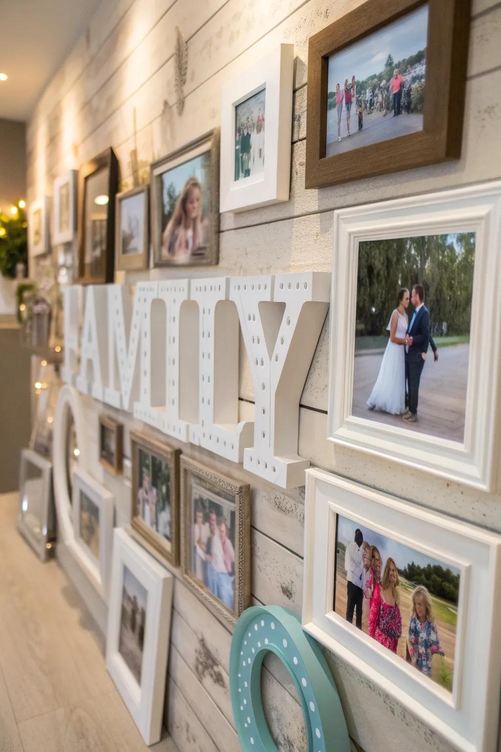 Elevated elements contributing dimension to a portrait wall