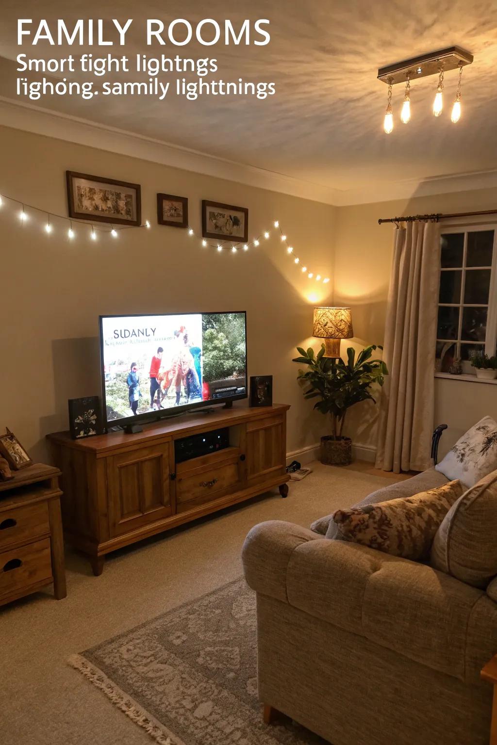 Smart lighting enhances functionality and mood in the family room.