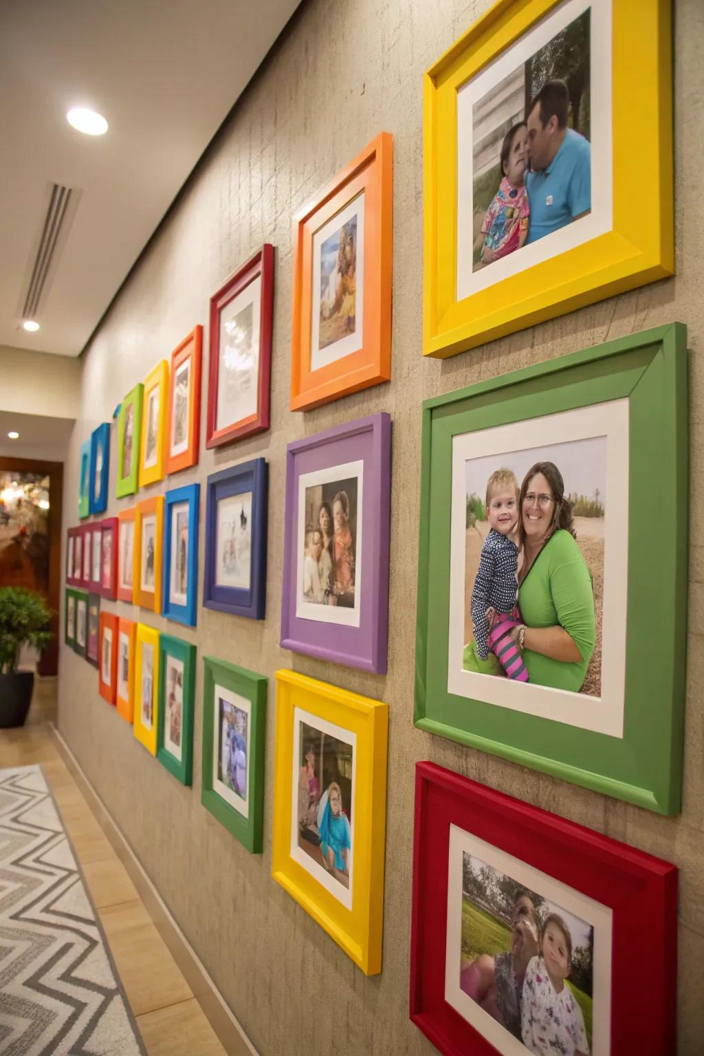 Colored borders framing family portraits for a vibrant and captivating wall showcase.