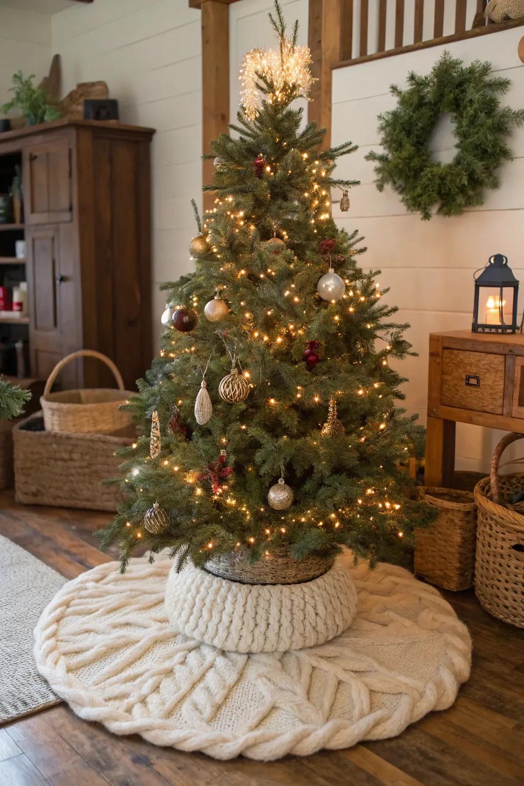 A relaxing tree wrap adds warmth and texture to this farmhouse Christmas tree.