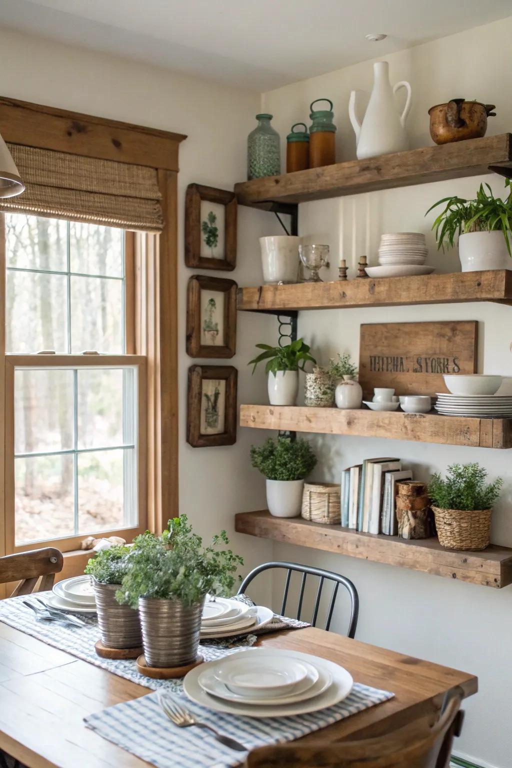 Floating shelves offer both storage and style within this farmhouse dining room.