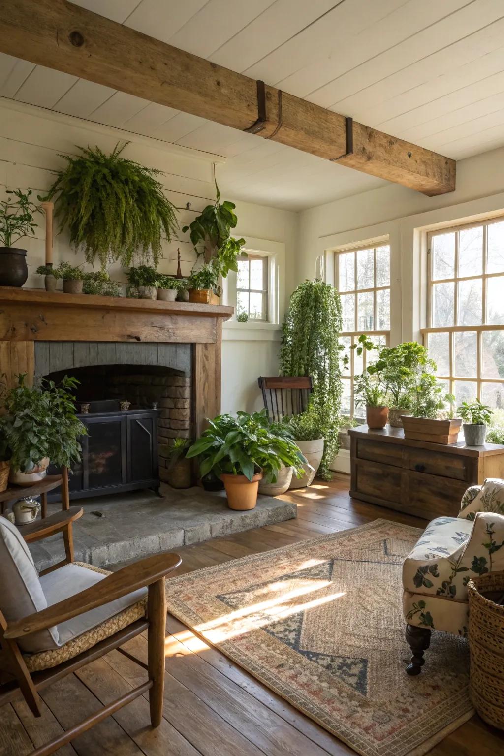 Botanicals adding unspoiled beauty to a farmhouse fireplace.