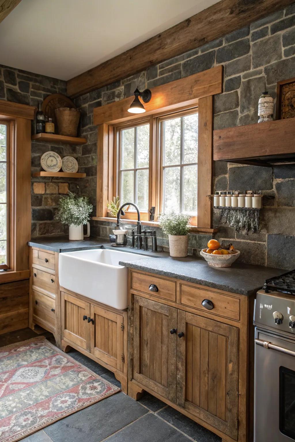 A farmhouse kitchen boasting a rough-cut stone tile backsplash.