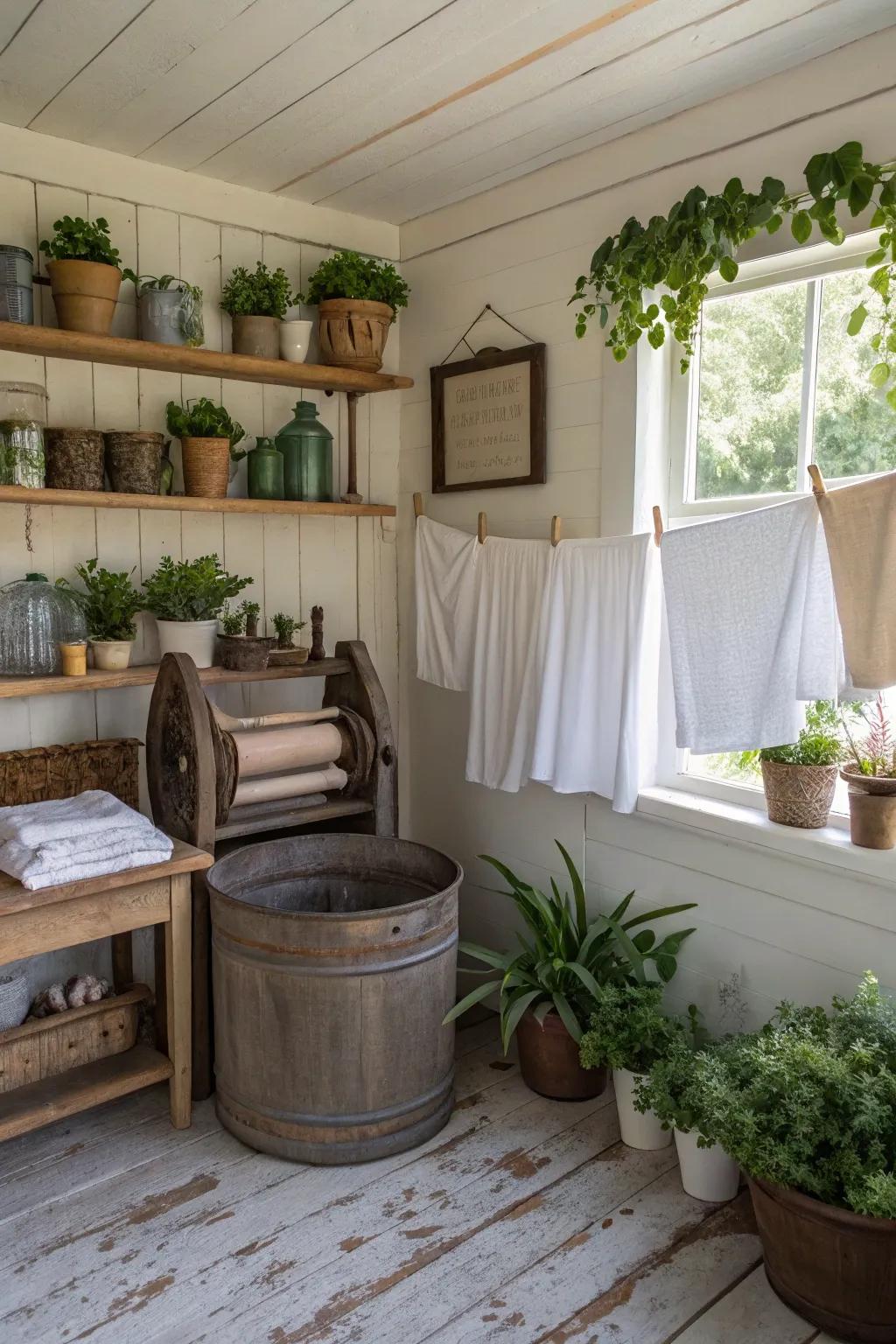 Plants contribute a natural and vibrant element to this captivating laundry area.